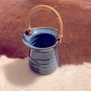 Signed Vintage Bamboo handle Blue pottery Vase